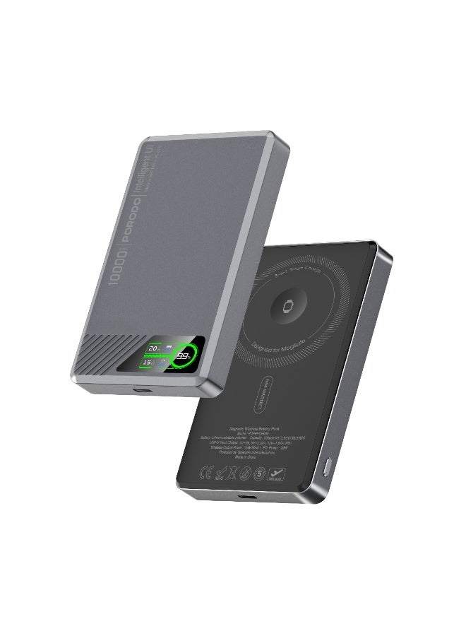 porodo SlimMag Magnetic Power Bank 10000mAh Battery with Real-Time Power Display and PD 20W / Fast Charger MagSafe Powerbank 10000 mAh / Strong Magnetic Hold - Grey - Image 1